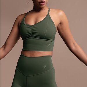 Gymshark Olive Green Ruched Longline Sports Bra